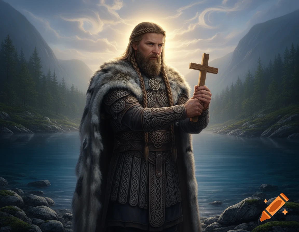 A powerful bearded man in Viking-like attire and a fur cloak holds a wooden cross, standing by a serene lake with mountains under a cloudy, bright sky. Photorealistic.
