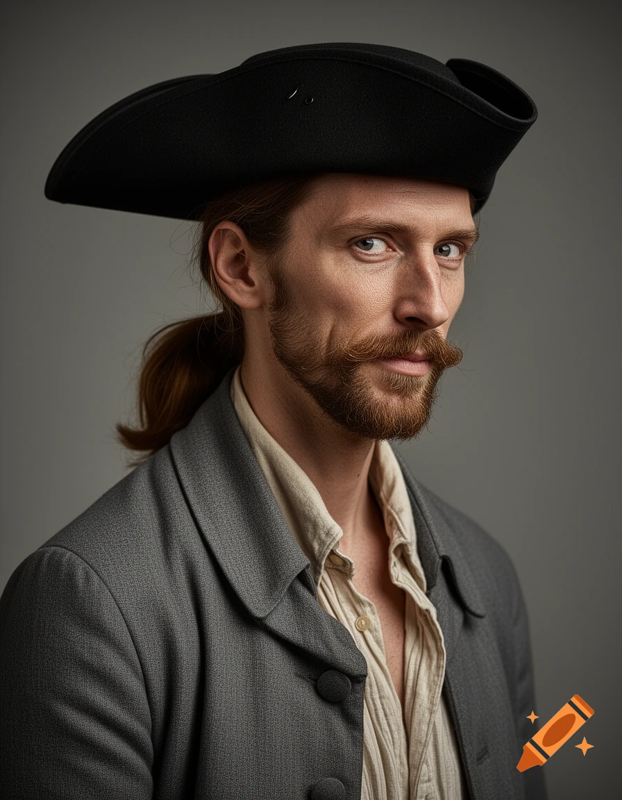 A photorealistic portrait of a man in 18th-century attire, with long hair in a ponytail, a mustache, and a tricorn hat.