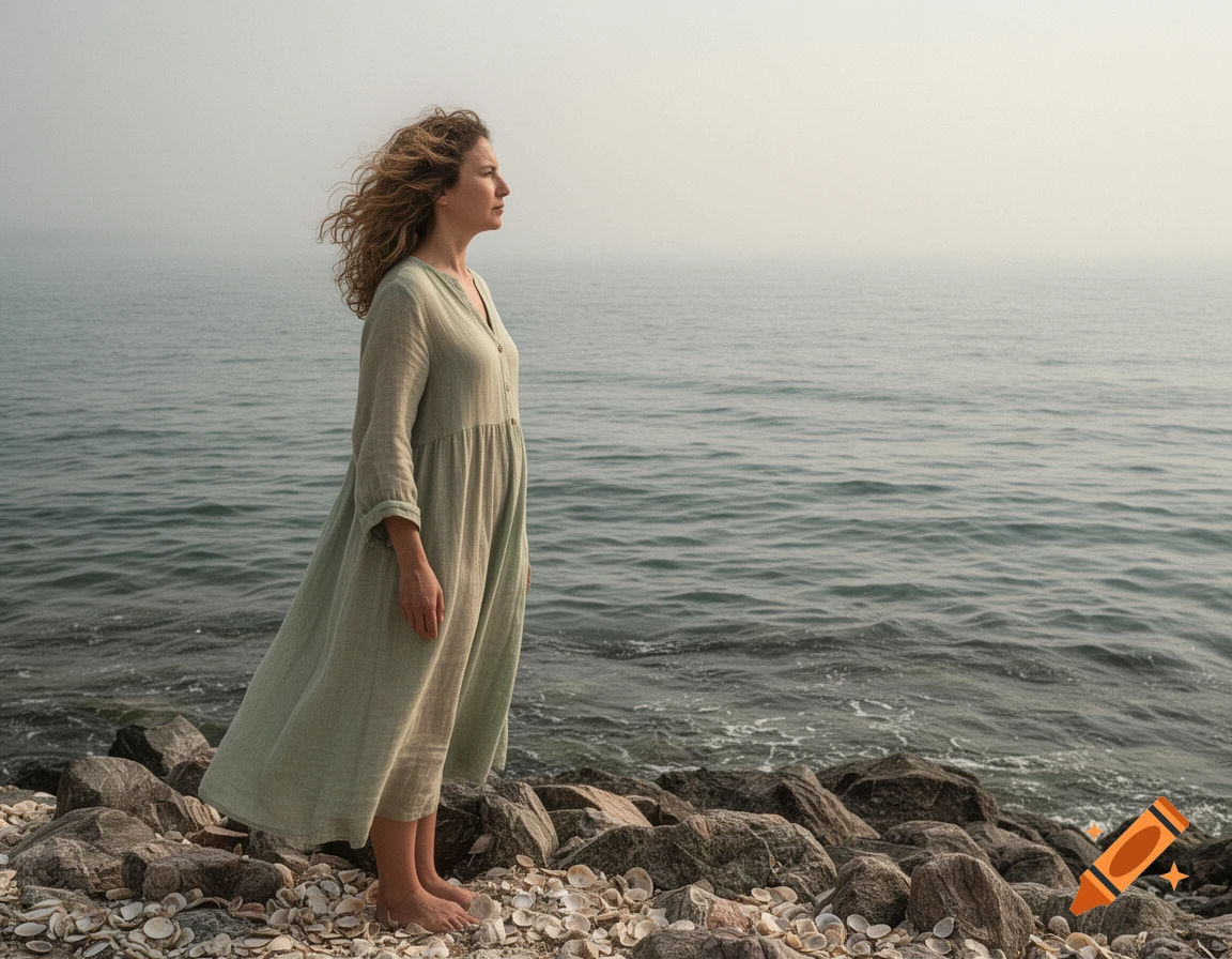 A woman with curly hair in a light green dress stands barefoot on a rocky shore, looking out at a calm, misty sea.