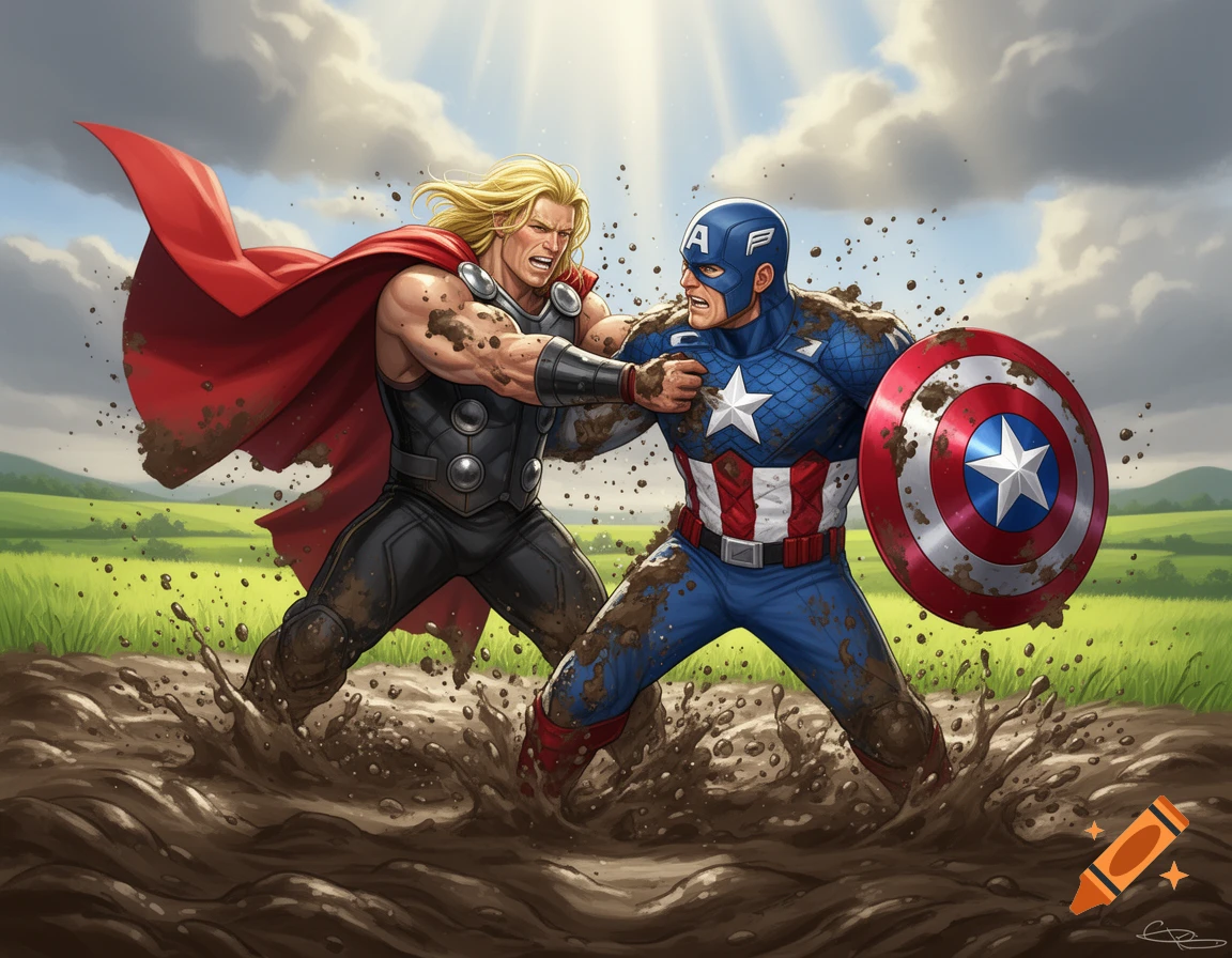 Thor and Captain America mud wrestling in a green field under a cloudy sky, in a vibrant comic art style.