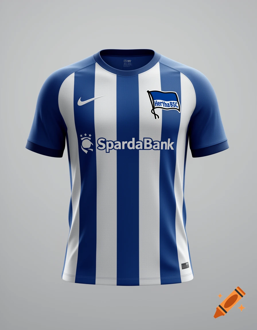 A blue and white striped soccer jersey featuring Nike, SpardaBank, and Hertha BSC logos on a plain background.
