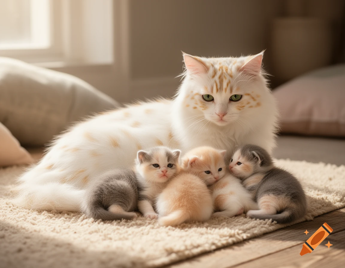 A photorealistic image of a white and ginger mother cat with four small kittens on a light-colored rug, bathed in sunlight.