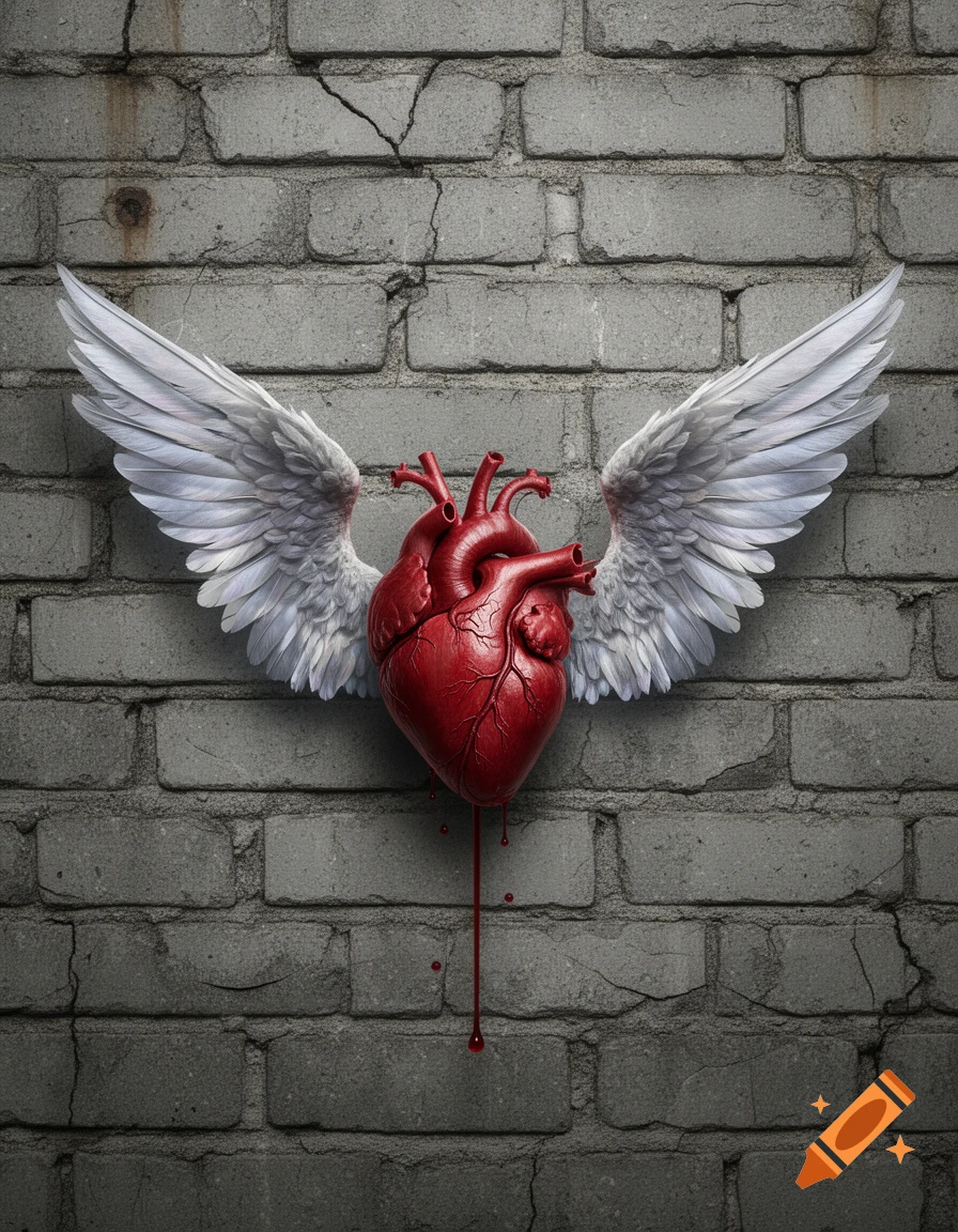 A photorealistic, bleeding anatomical heart with white wings, fixed to a cracked grey brick wall.