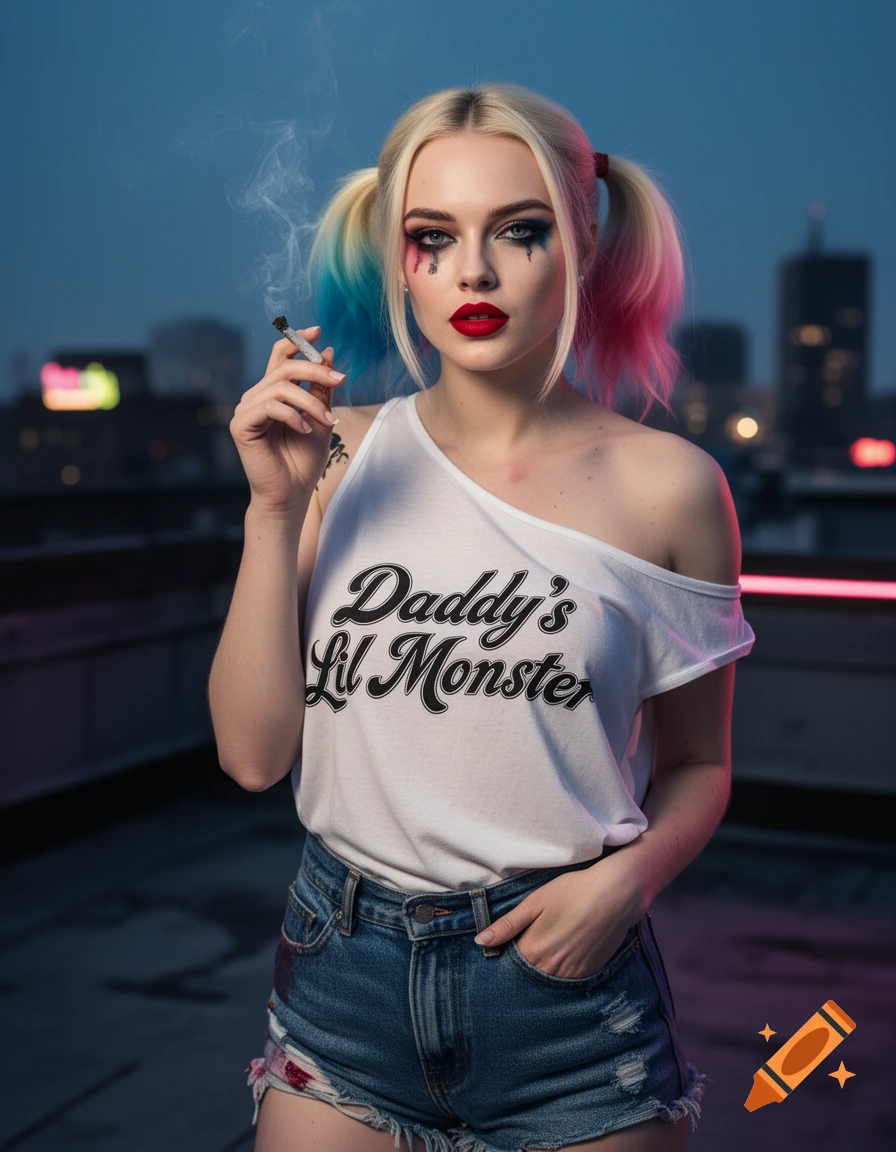 A photorealistic image of a woman dressed as Harley Quinn, with blonde pigtails, blue and pink hair tips, and dramatic makeup. She wears a white off-shoulder tank top that reads "Daddy's Lil Monster" and denim shorts, smoking a cigarette on a rooftop at dusk.