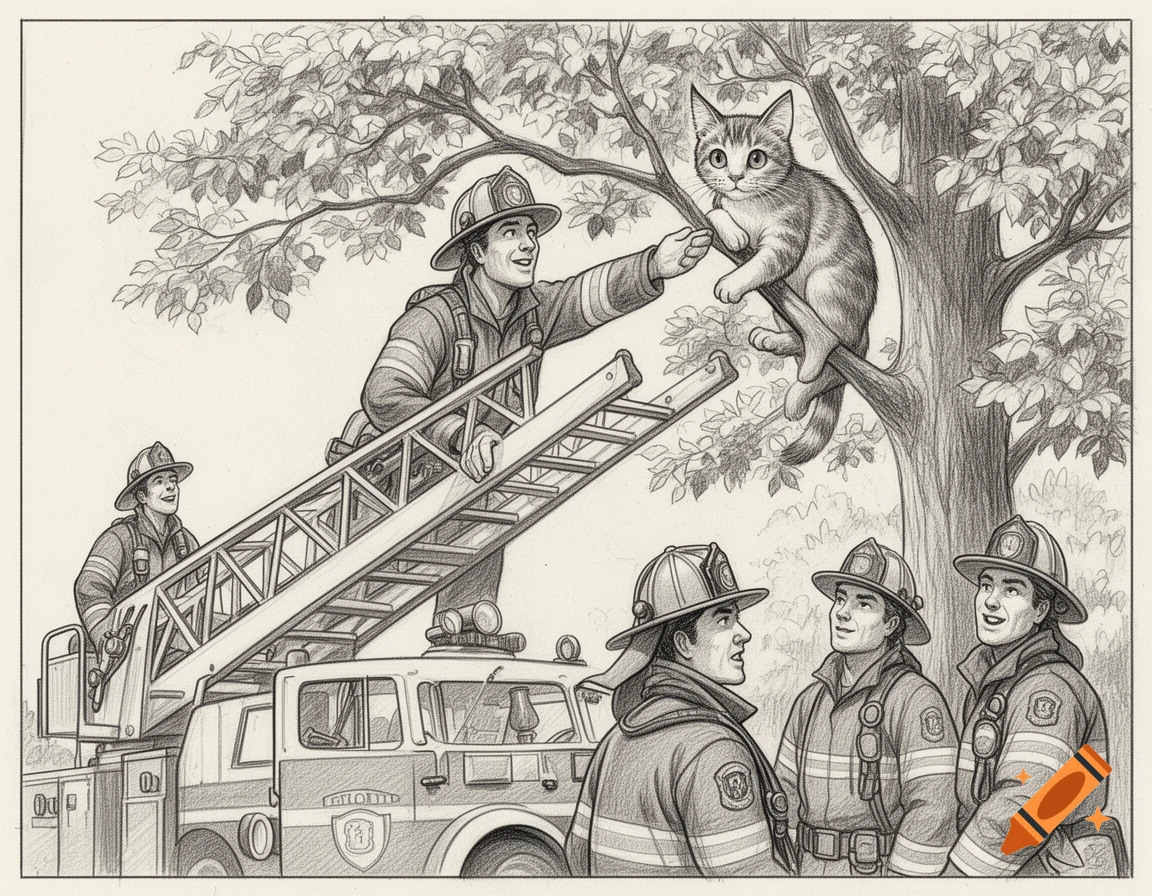 A pencil drawing of a firefighter on a ladder rescuing a tabby cat from a tree, while three other firefighters watch below next to a fire truck.