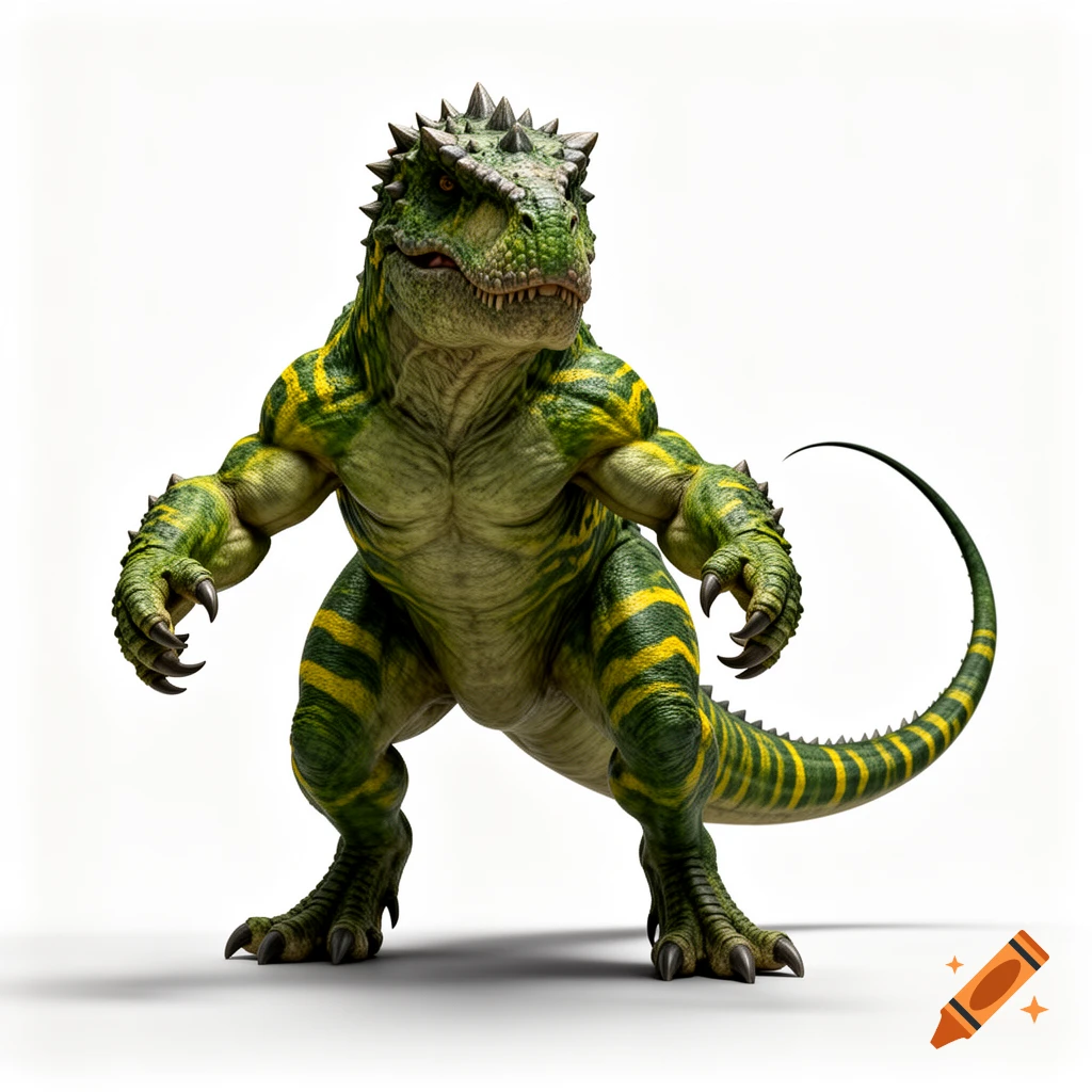 A powerful green and yellow striped dinosaur-like creature with a T. rex head and muscular limbs, standing on a white background.