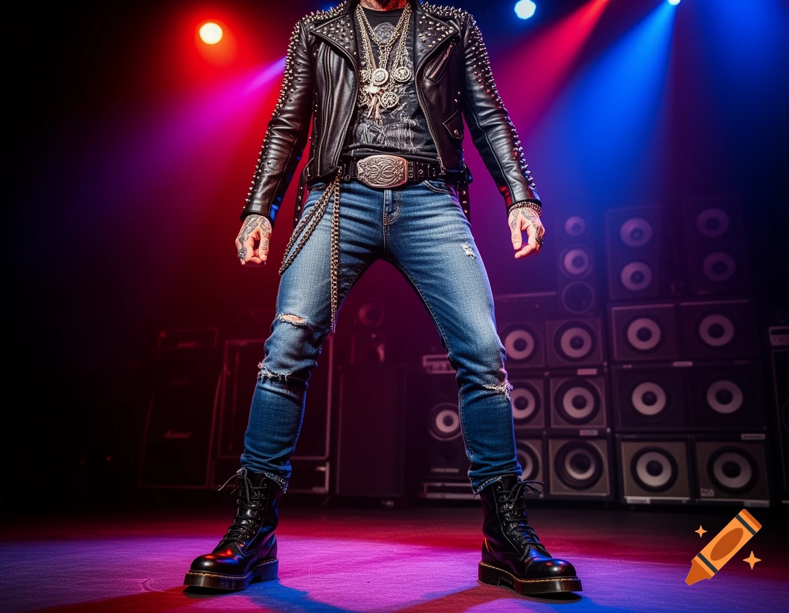 A person in a studded leather jacket, ripped jeans, and boots stands on a stage lit with red and blue lights, with speaker stacks in the background.