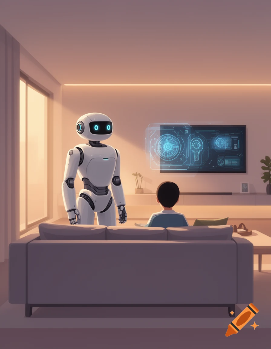 A flat digital illustration shows a friendly robot assistant standing behind a sofa where a human watches a holographic TV interface in a futuristic living room.