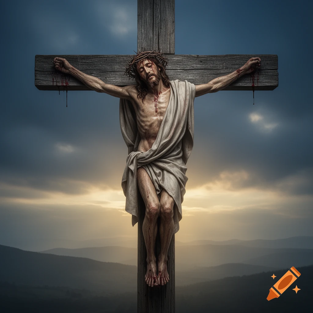 Jesus Christ is crucified on a rugged wooden cross against a dramatic, cloudy sky with distant mountains.