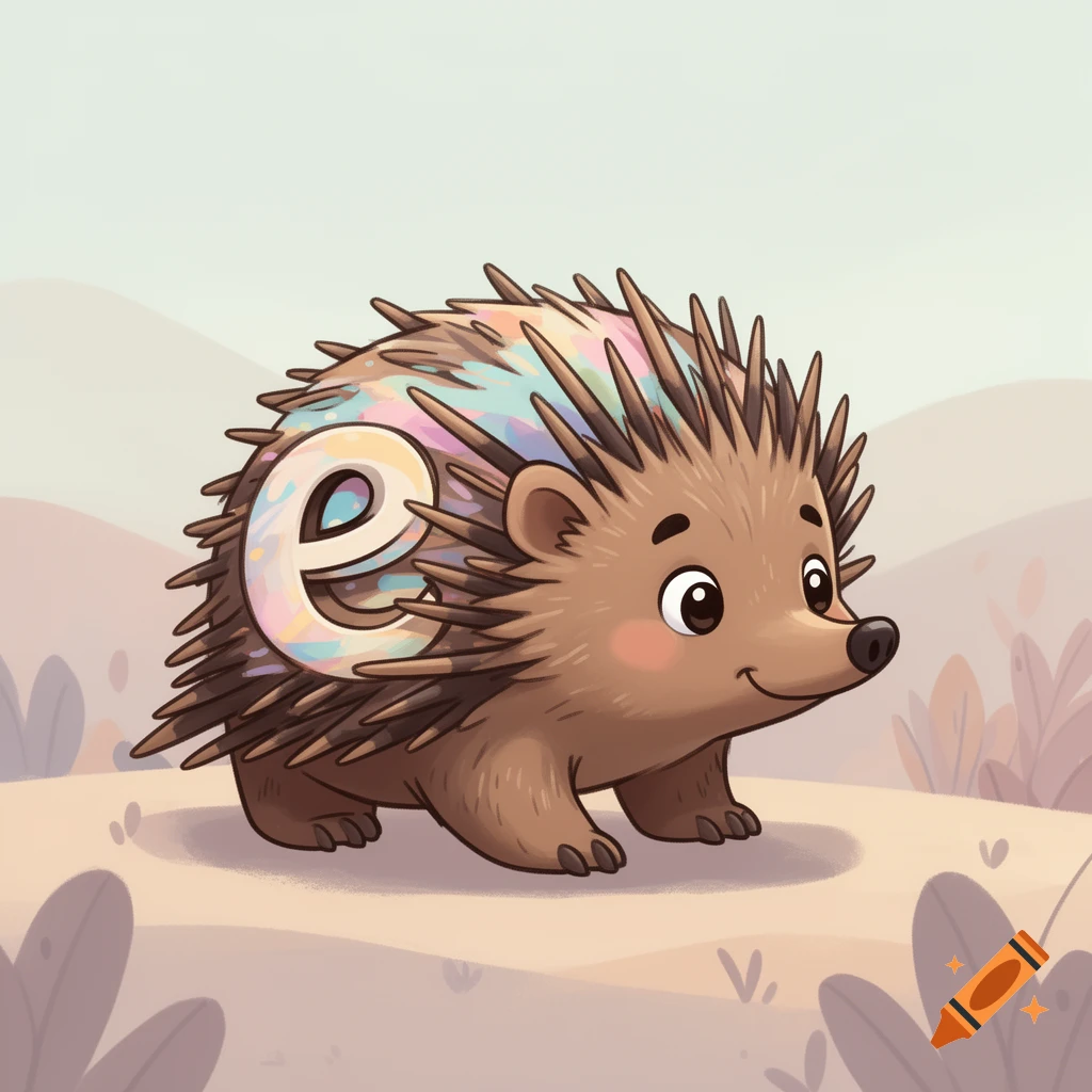 A cute cartoon hedgehog with a pastel rainbow lowercase "e" integrated into its quills, standing in a gentle landscape.