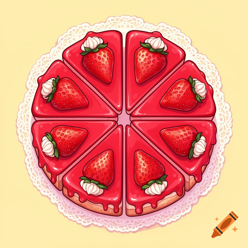 A top-down view of a cartoon-style strawberry cake, cut into eight symmetrical pieces, served on a white doily.