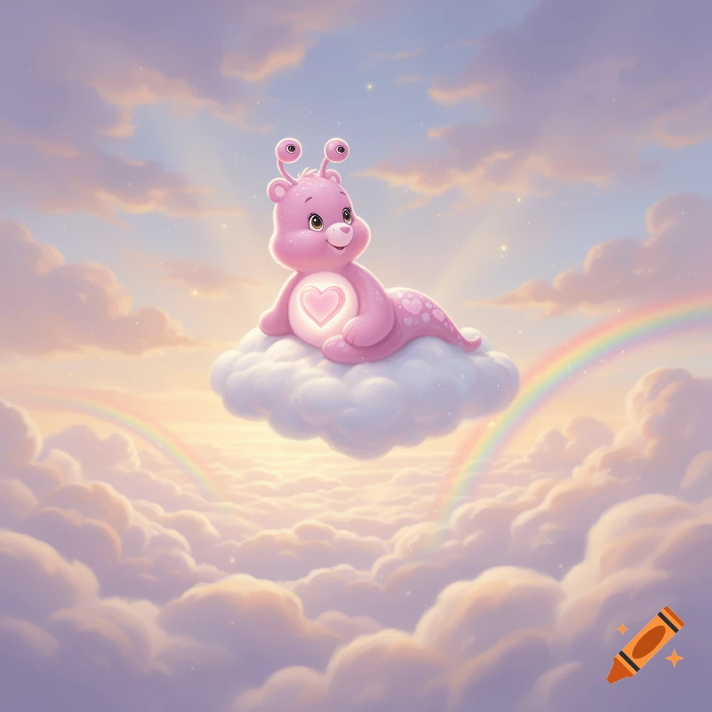 A cute pink slug-like Care Bear cousin with a heart badge, lying on a white cloud in a pastel sky with rainbows.