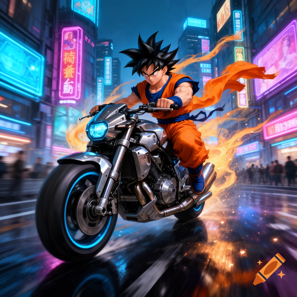Goku rides a futuristic motorcycle through a vibrant, neon-lit cyberpunk city street, surrounded by glowing signs and motion blur.