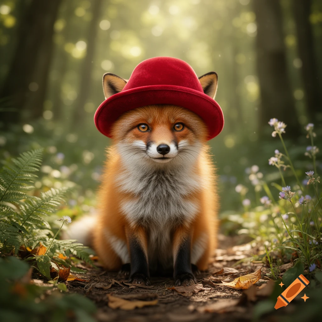A photorealistic fox wearing a red hat sits on a forest path, surrounded by greenery and small flowers.