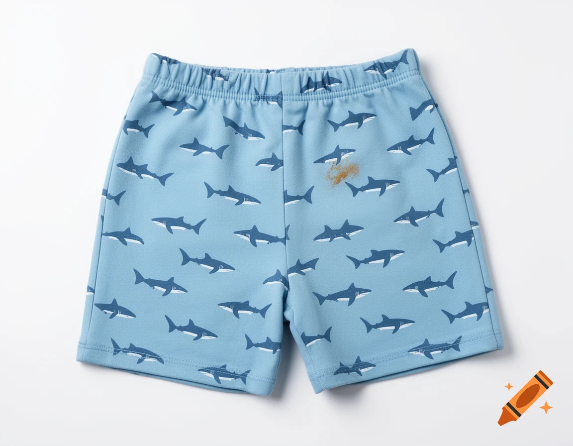 Light blue shorts with a repeating shark pattern and a small brown stain on the leg.