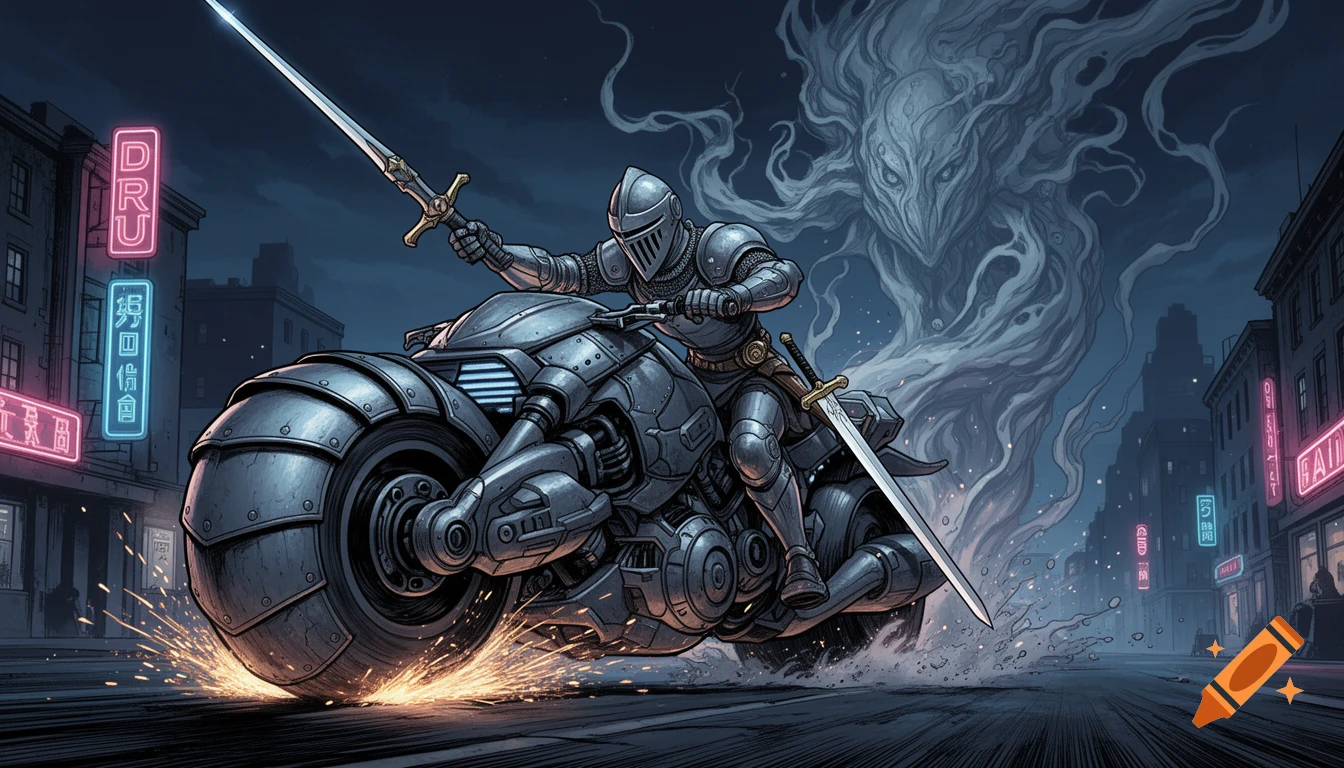A slim medieval knight in full armor rides a large futuristic motorcycle, sparks flying from its wide tires. He wields a sword, with another at his hip. Behind him, a looming, ominous ghostly presence hovers in a dark city street with neon signs, in a comic book style.