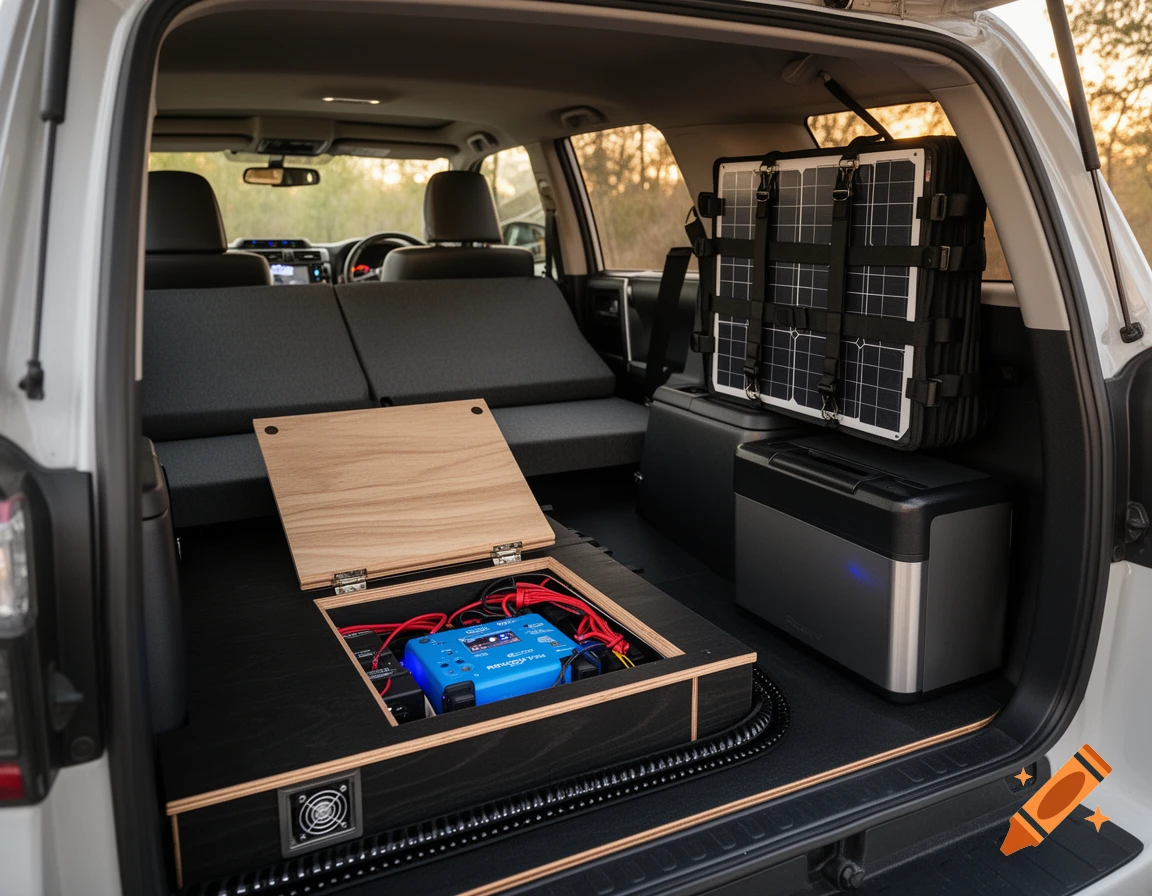 Rear view of a white SUV's overland conversion with a plywood bed, solar panels, and a center console fridge.
