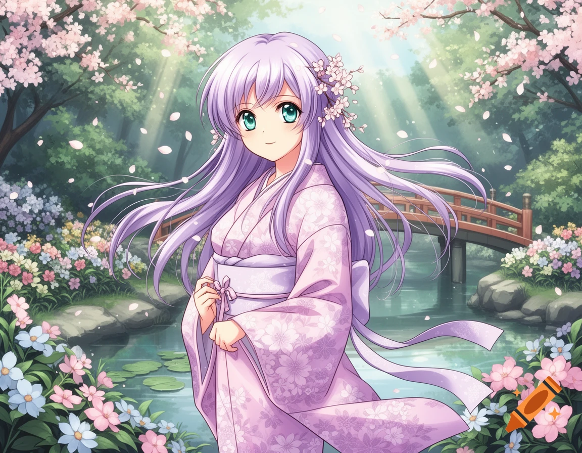 An anime girl with long lavender hair and green eyes wears a pink kimono in a cherry blossom garden with a stream and wooden bridge.