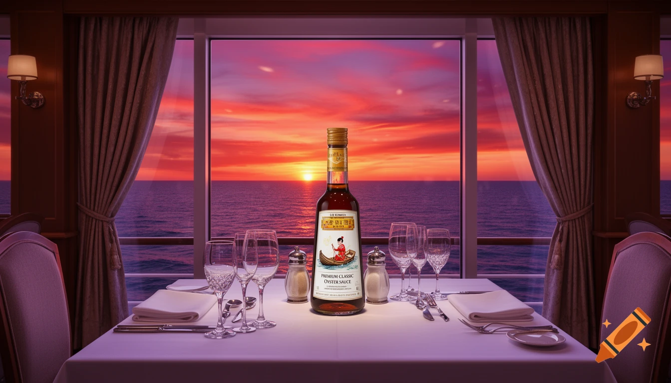 A photorealistic bottle of Lee Kum Kee oyster sauce on a fine dining table on a luxury cruise ship at sunset overlooking the ocean.