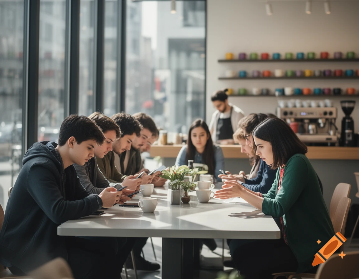 A group of young adults sit at a table in a modern cafe. Most are engrossed in their smartphones, while one woman gestures, trying to initiate a conversation.