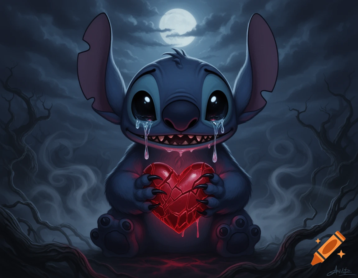 Stitch as a nightmare, crying tears, holding a glowing broken red heart in a dark, moonlit forest with gnarled trees.