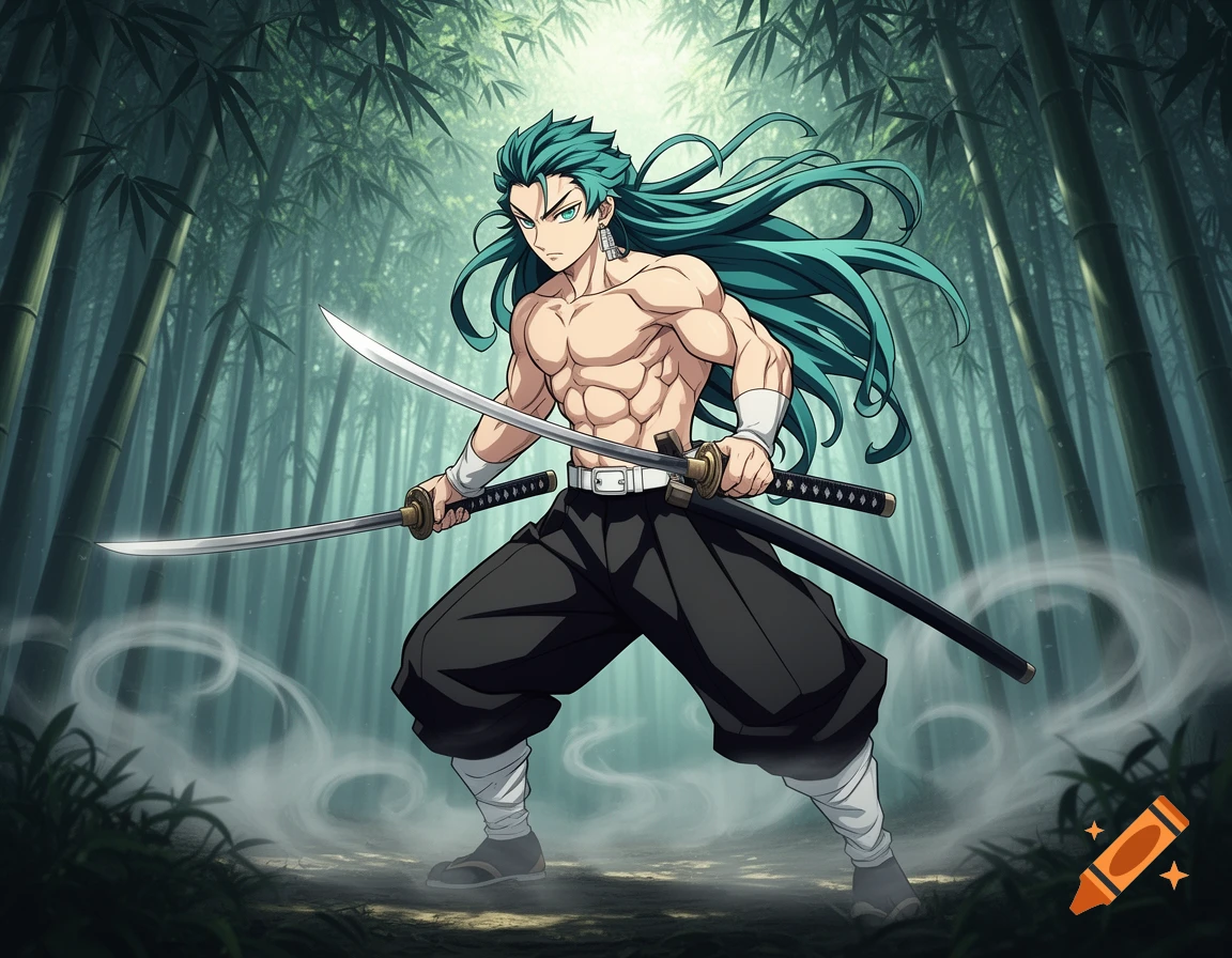 Muscular anime man with long teal hair and two katanas poses in a mystical bamboo forest.