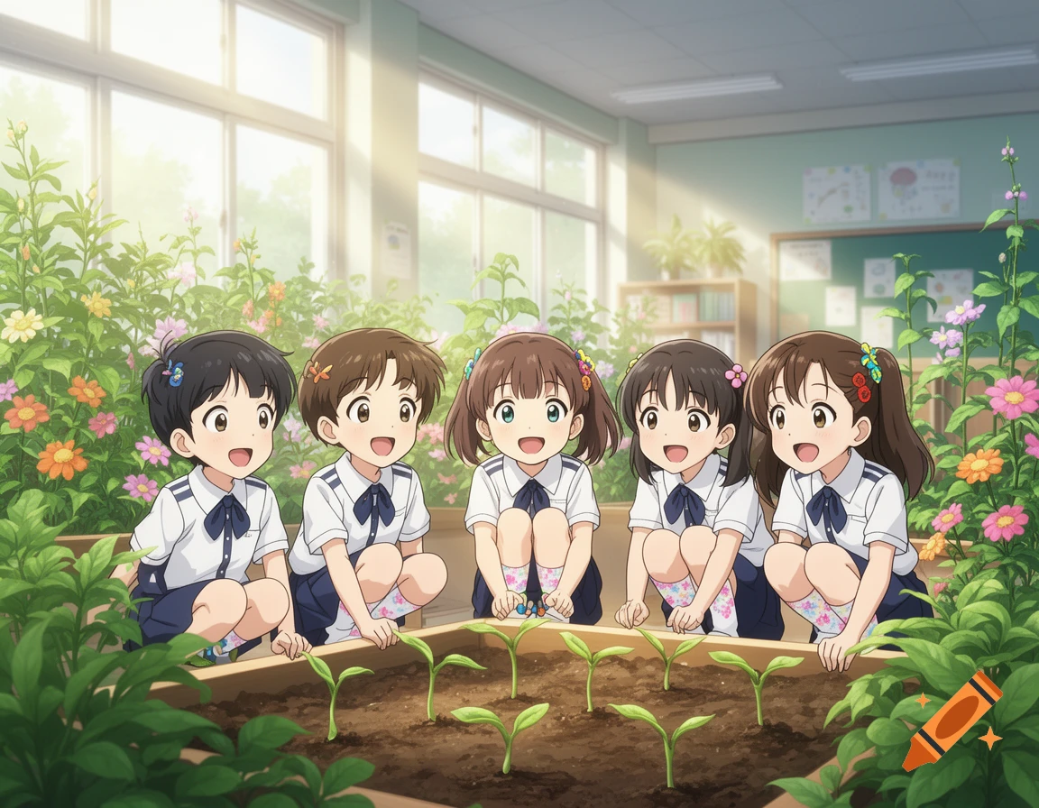 Five smiling anime students in school uniforms happily observe small green sprouts in a raised garden bed inside a bright classroom, surrounded by flowers.
