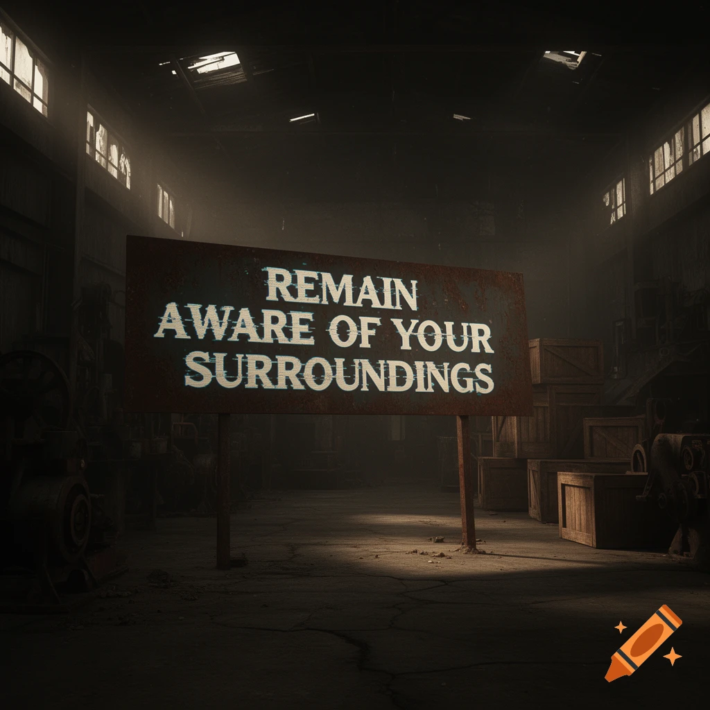 A distressed warning sign reading "REMAIN AWARE OF YOUR SURROUNDINGS" in a dark, abandoned warehouse with light filtering through windows.