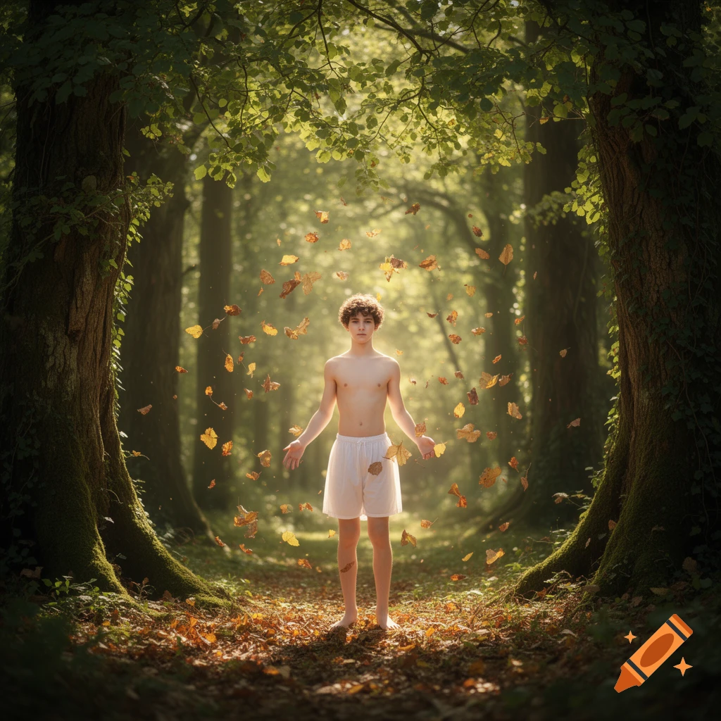 A photorealistic young person in white shorts stands shirtless in a sunlit forest with autumn leaves falling.