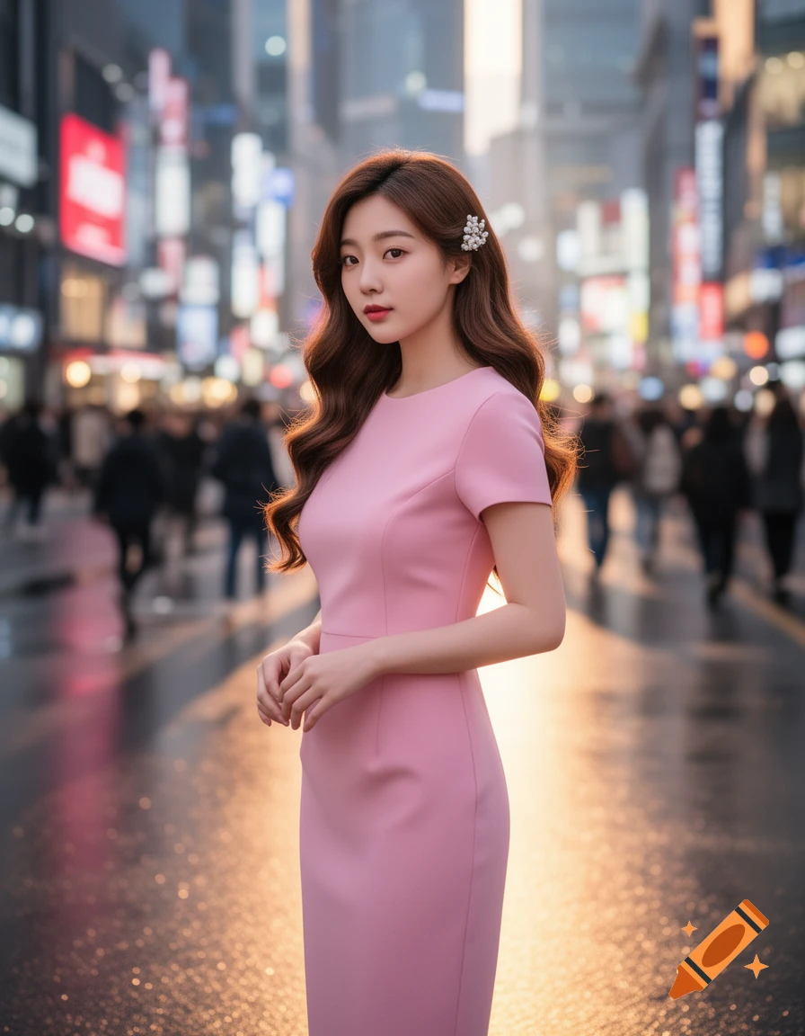 A young woman in a pink dress with wavy brown hair stands on a wet city street, blurred city lights and buildings in background. Photorealistic.