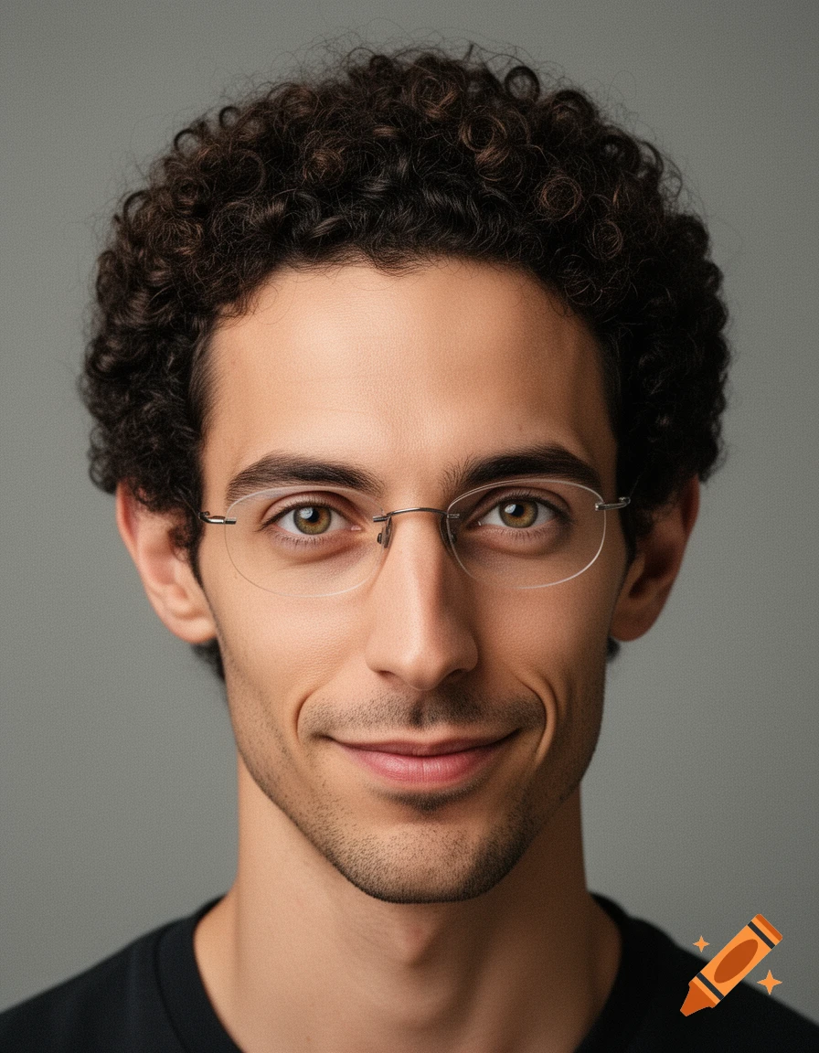 Photorealistic headshot of a man with curly dark brown hair, glasses, and a slight smirk against a gray background.