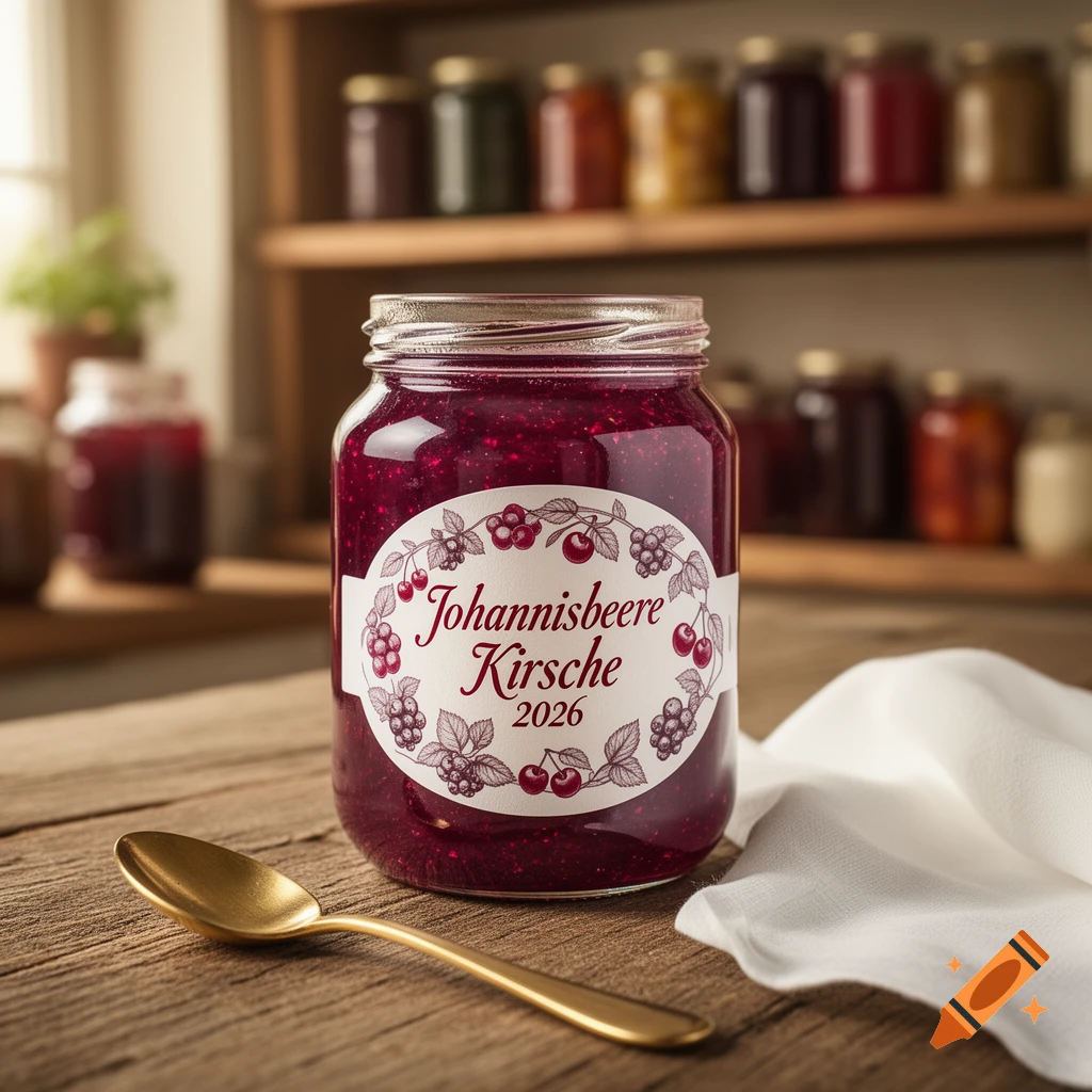 A photorealistic image of a jar of 'Johannisbeere Kirsche 2026' jam with a golden spoon on a wooden table.