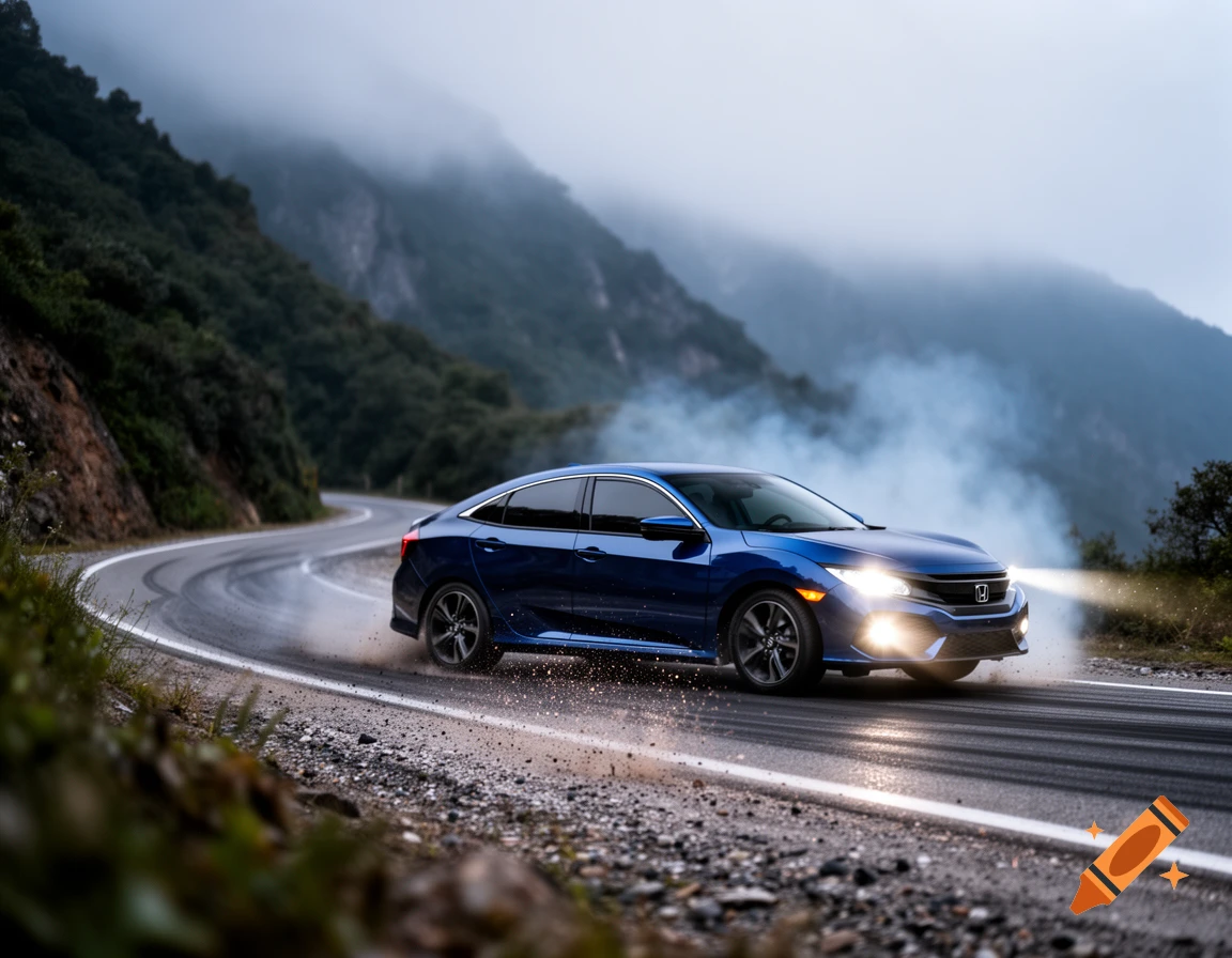 A blue Honda Civic drives on a winding mountain road, kicking up dust, with misty mountains in the background.