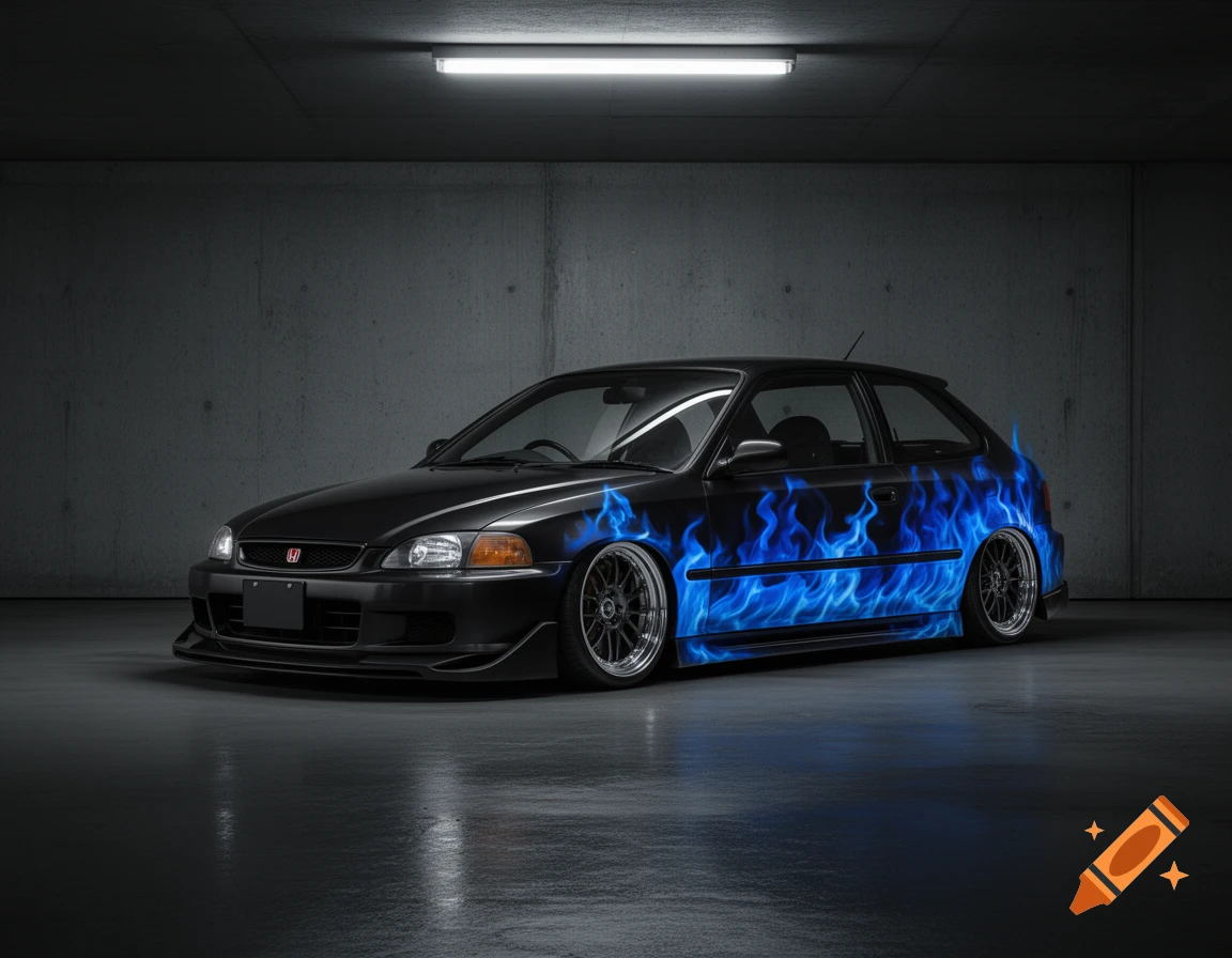 A black tuned Honda Civic hatchback with blue flame decals on its sides, parked in a dark concrete garage.