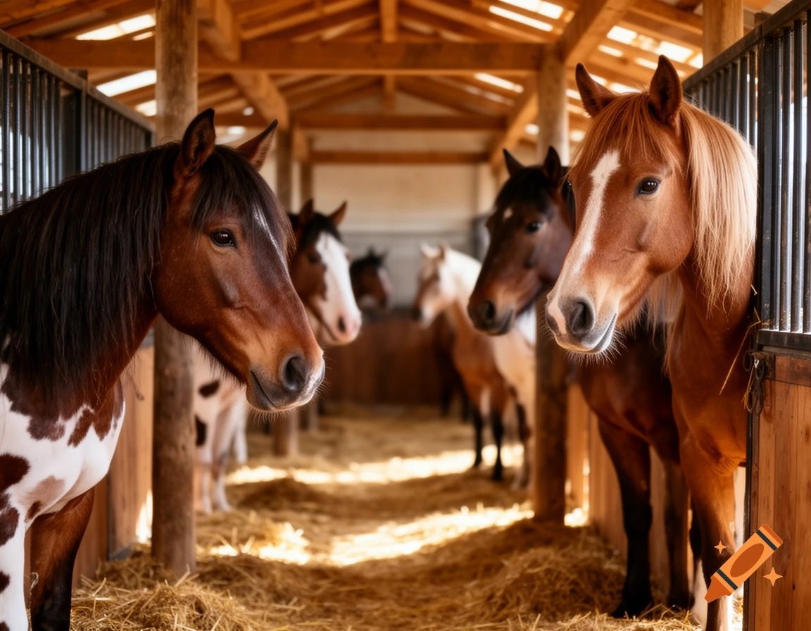 Photorealistic image of two horses in sunlit stalls, with other horses in the background of a wooden stable on straw bedding.