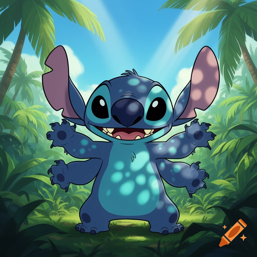 A happy blue alien character Stitch, with four arms and large ears, stands in a lush tropical jungle.