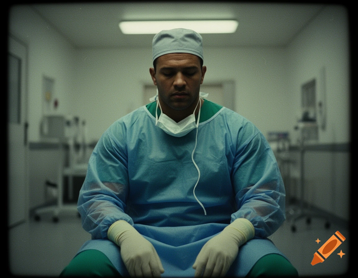A VHS-style photo of a doctor in surgical attire, seated with eyes closed in a medical ward.