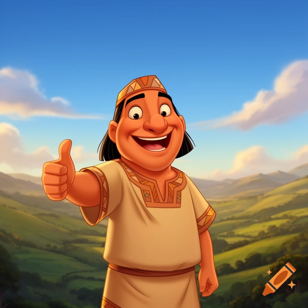 Animated character Pacha smiling with a thumbs up in a green, hilly landscape under a blue sky.