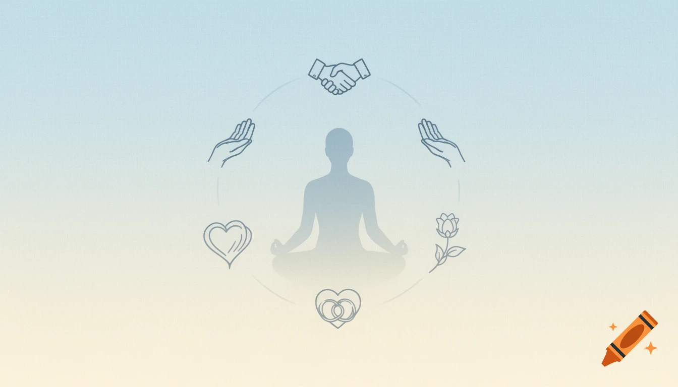 Meditating figure silhouette surrounded by icons of hands, hearts, handshake, and a flower on a blue-yellow gradient background.