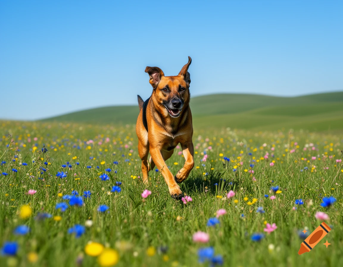 A brown and black dog runs through a vibrant green field filled with colorful wildflowers under a clear blue sky.
