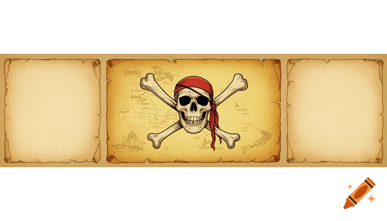 A stylized pirate skull and crossbones centered on an aged parchment map, flanked by two blank parchment scrolls.