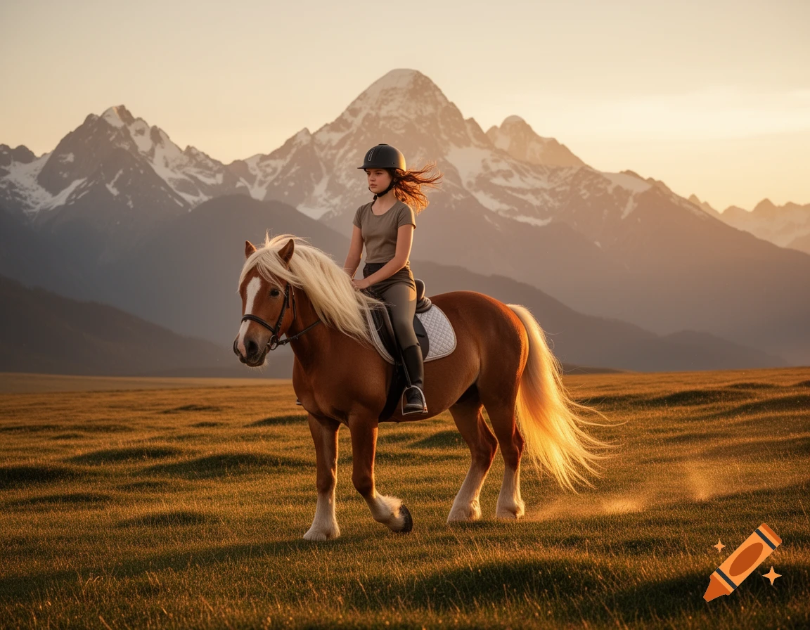 Young girl on a Haflinger horse in a grassy field with snow-capped mountains at sunset.