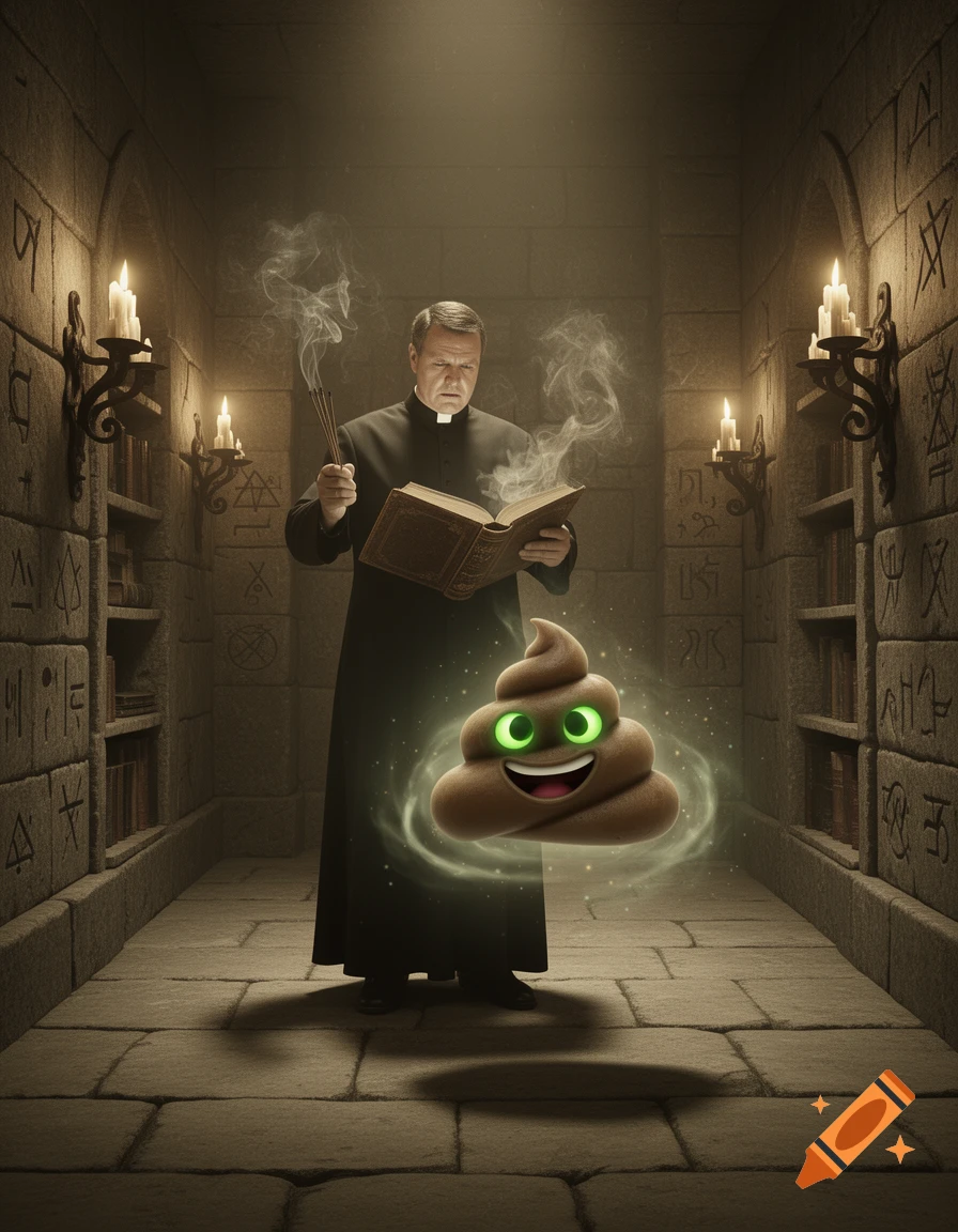 A photorealistic image of a priest performing an exorcism on a glowing, smiling poop emoji in a dimly lit stone chamber with candles.