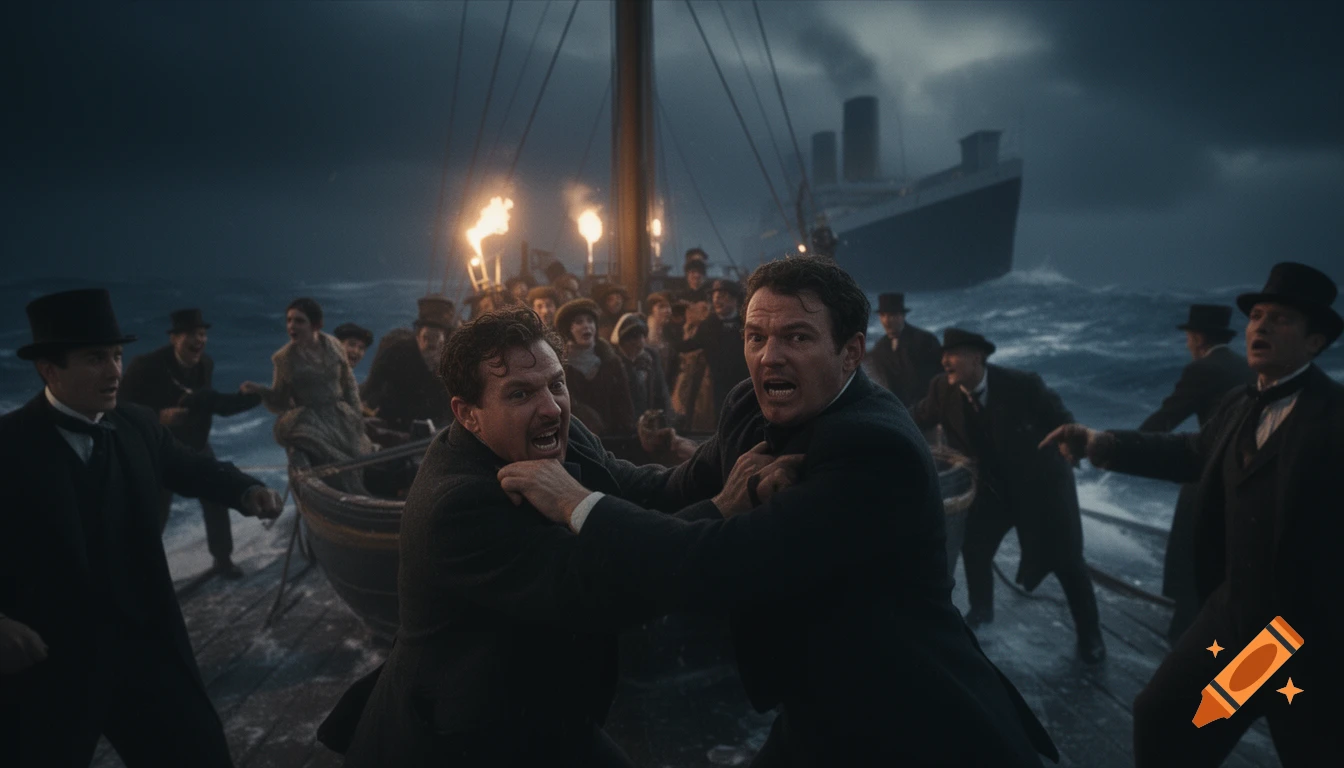 Two men fight on a small boat during a stormy night as a large ship sinks in the background, surrounded by panicking passengers. Photorealistic.