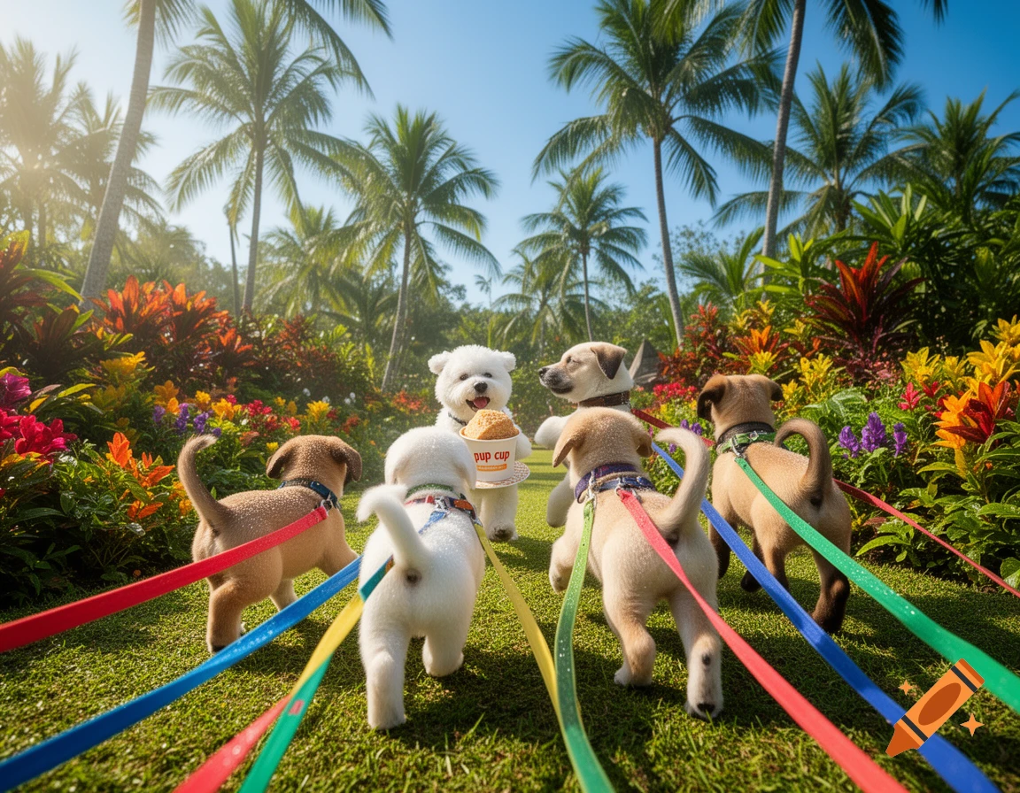 Four puppies on colorful leashes walk towards a white puppy holding a pup cup in a lush tropical garden with palm trees.