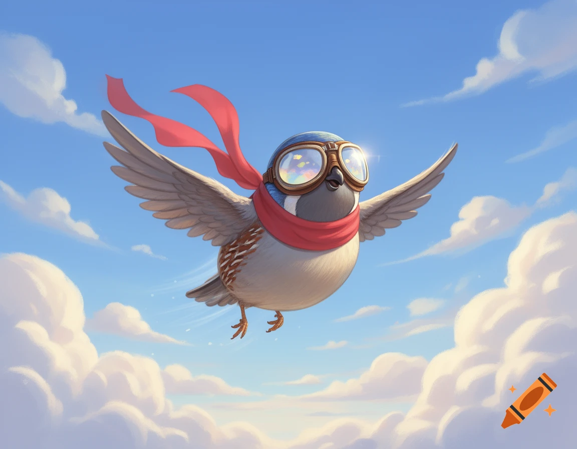 A cute cartoon bird wearing pilot goggles and a red scarf flies through a bright blue sky with fluffy white clouds.