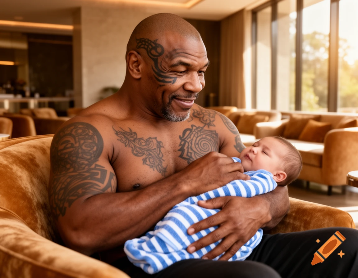 Mike Tyson, shirtless and tattooed, smiles as he gently holds a sleeping baby wrapped in a blue and white striped blanket in a sunlit room.