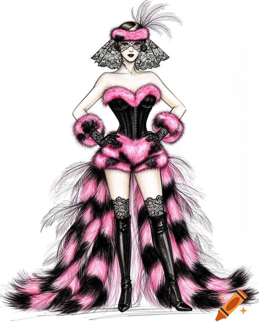 Fashion sketch of a woman in a black and pink fur burlesque outfit, corset, thigh-high boots, lace veil, and feather accents.