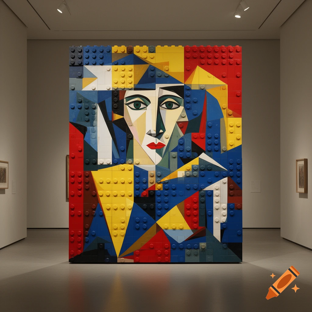 A large, colorful cubist-style portrait made of Lego bricks, displayed as art in a museum gallery.