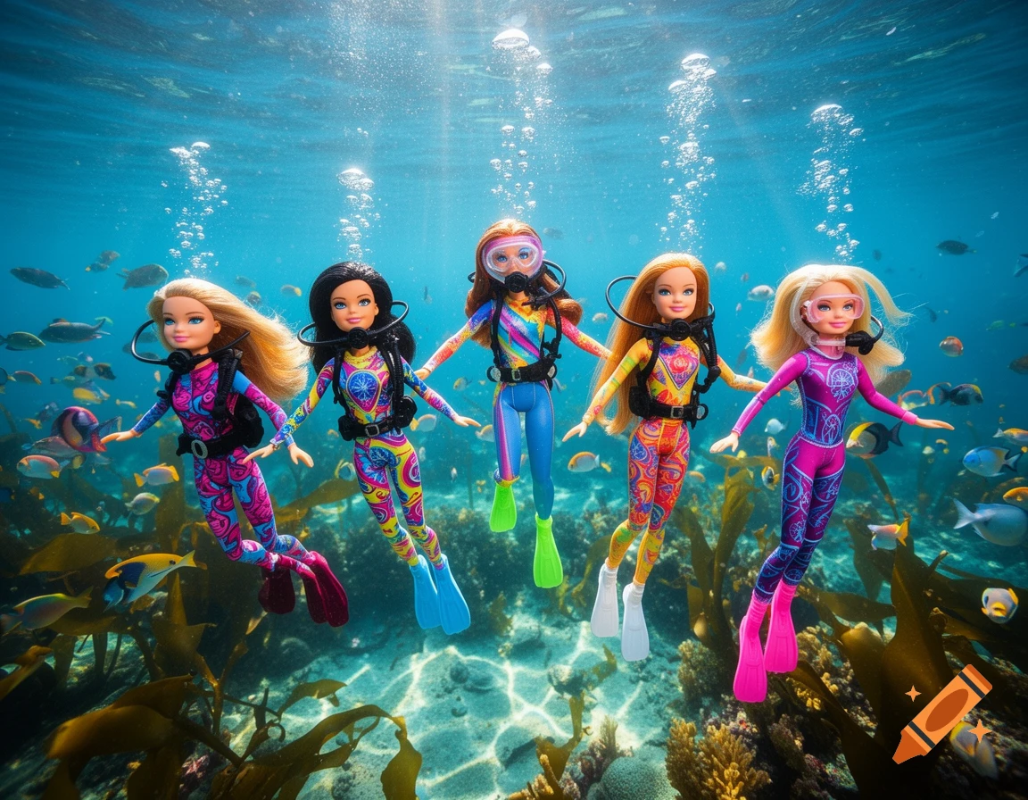 Five Barbie dolls in colorful scuba suits swim underwater among fish and coral, with light rays filtering through the blue water.